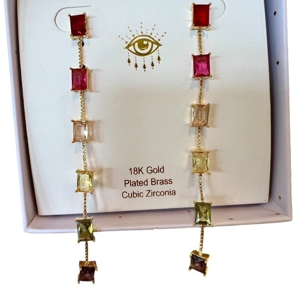 Lina Goldtone & Rainbow Cubic Zirconia Drop Earrings - NWT - Picture 1 of 5